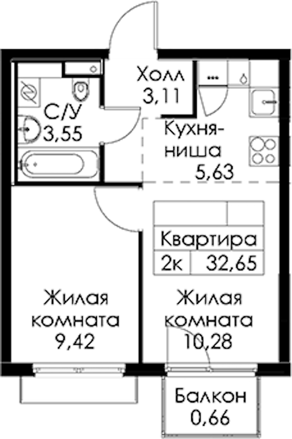 1-комнатная квартира 32.65 м², 21/24 эт., ЖК «Заречный парк»